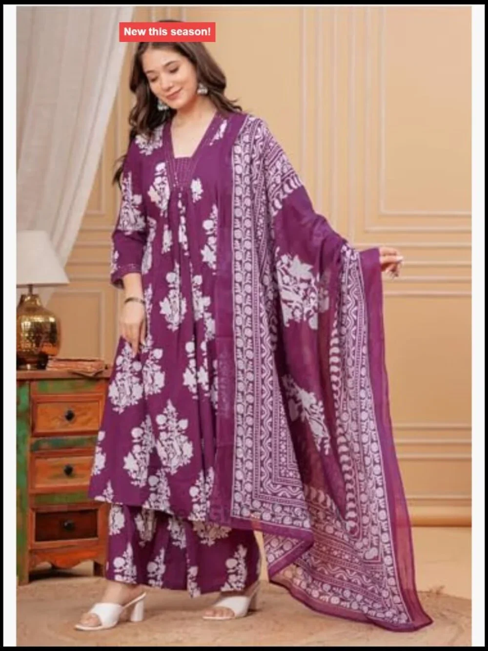 Rayon Anarkali Printed Kurta with Palazzo & Dupatta Set